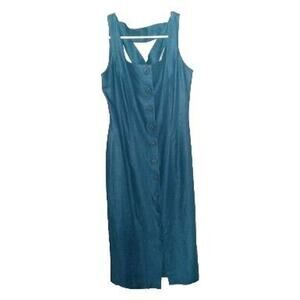 Vintage Marie St Claire Classic Blue Teal Linen Dress 4 Beachy Tropical Vacation